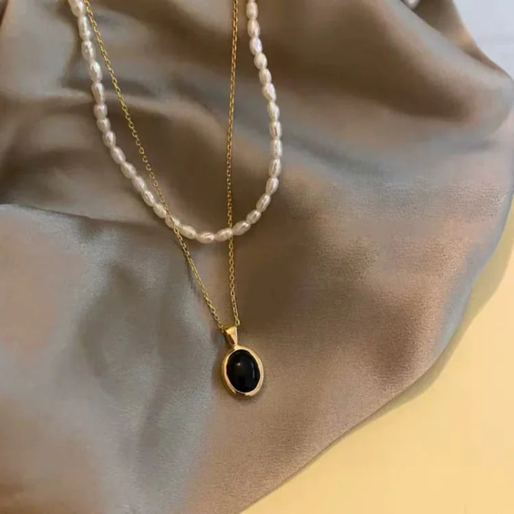 Elegant Black Onyx and Pearl Stacked Necklace - Aria Collection