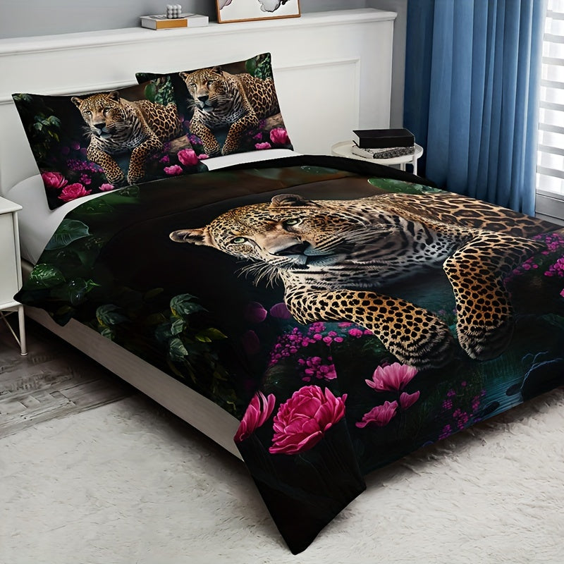 Luxurious Animal Print Bed Set with Rose Motif - 3-Piece
