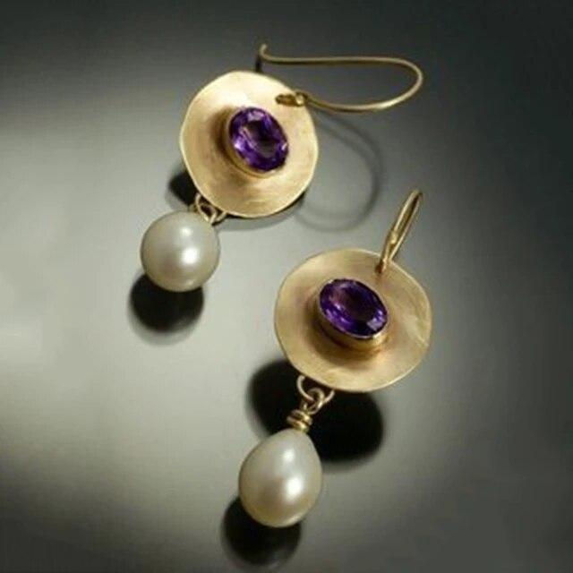 Elegant Gilded Vintage Earrings with Pearl and Purple Zirconia - Amarise Collection