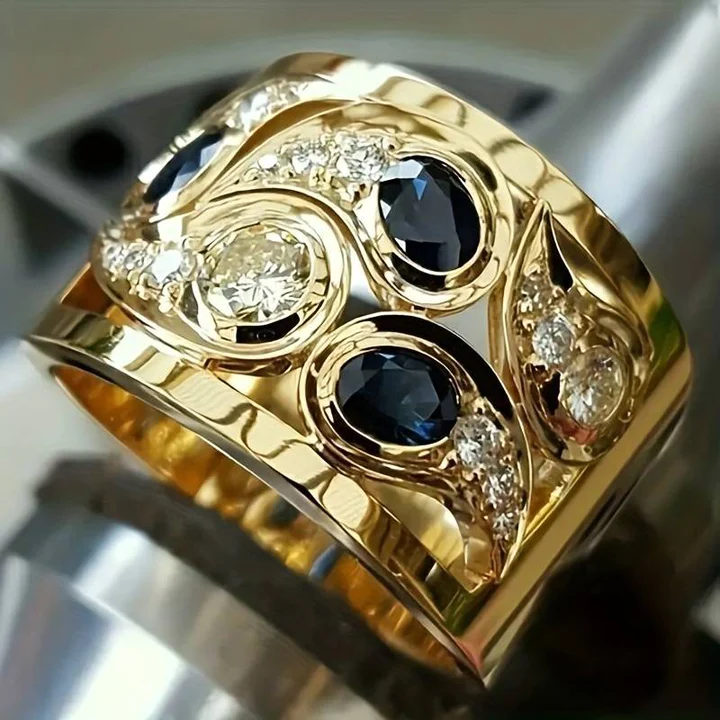 Elegant Gold Ring Adorned with Enchanting Blue Vintage Crystals - Elara