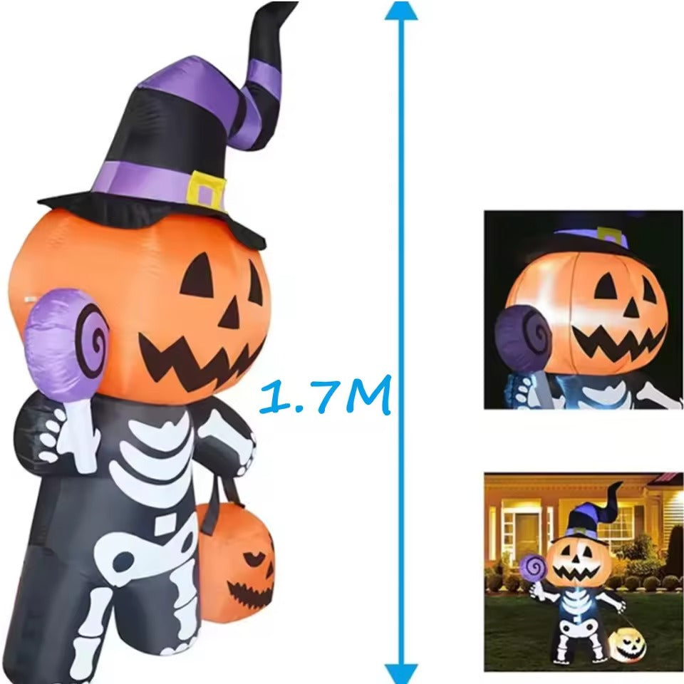 Halloween Inflatable Pumpkin Skeleton 1.7M with Ghost and LED Lighting