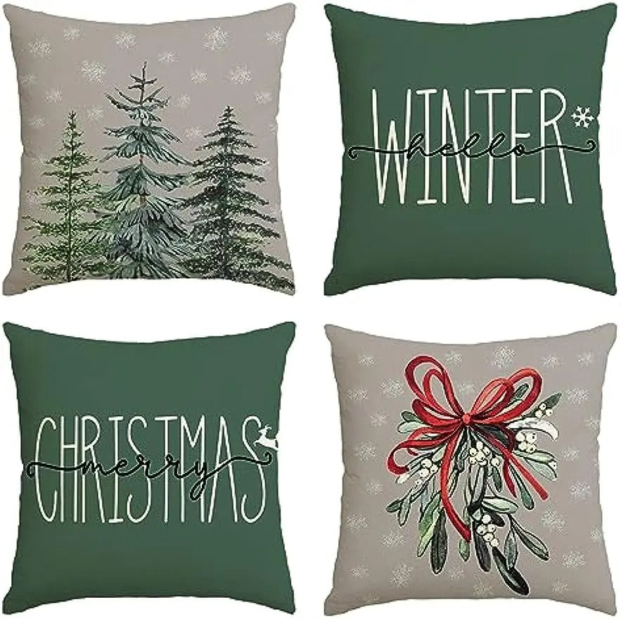 Christmas Cushion Cover - Festive Cushion Cover with Christmas Tree and Winter Theme - Green 45x45 cm