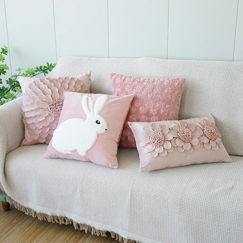VelourVista Cushion Cover - Cute Pink Bunny Pillow for an Enchanting Interior