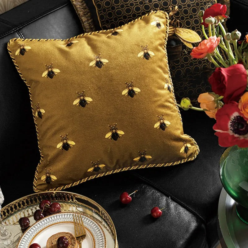 Luxury Golden Bee Print Cushion Cover for Elegant Interiors