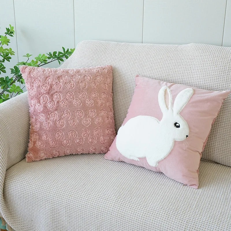 VelourVista Cushion Cover - Cute Pink Bunny Pillow for an Enchanting Interior
