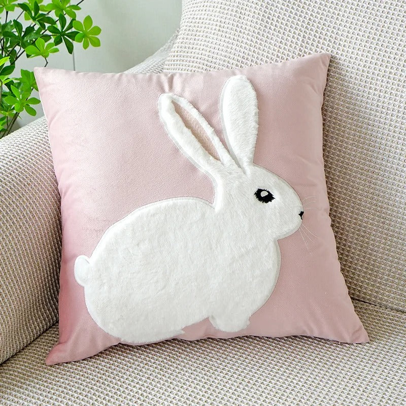 VelourVista Cushion Cover - Cute Pink Bunny Pillow for an Enchanting Interior