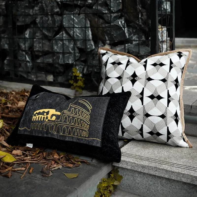 RegalRest Sofa Cushion Cover - Geometric Cushion Cover in Black and Khaki - Modern Elegance