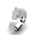 Elegant Adjustable Jaguar Ring™ in 18K Silver and Rose Gold with Radiant Green Zirconia Eyes